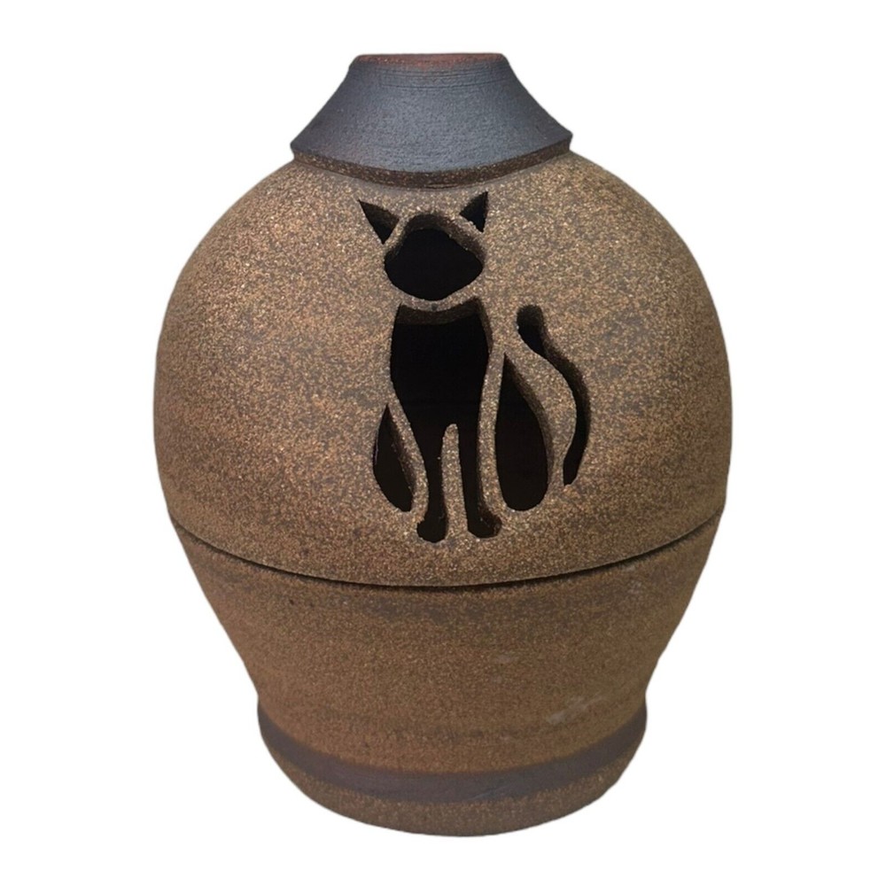 Studio Art Pottery Fairy Lamp Cat Kitten Cut Out Candle Holder Signed Boho